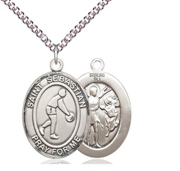[7163SS/24SS] Sterling Silver Saint Sebastian Basketball Pendant on a 24 inch Sterling Silver Heavy Curb chain