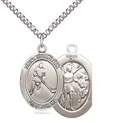 [7165SS/24SS] Sterling Silver Saint Sebastian Ice Hockey Pendant on a 24 inch Sterling Silver Heavy Curb chain