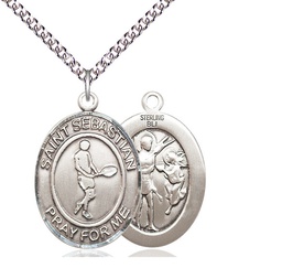 [7166SS/24SS] Sterling Silver Saint Sebastian Tennis Pendant on a 24 inch Sterling Silver Heavy Curb chain