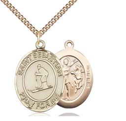 [7169GF/24GF] 14kt Gold Filled Saint Sebastian Skiing Pendant on a 24 inch Gold Filled Heavy Curb chain