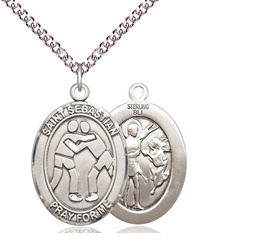 [7171SS/24SS] Sterling Silver Saint Sebastian Wrestling Pendant on a 24 inch Sterling Silver Heavy Curb chain