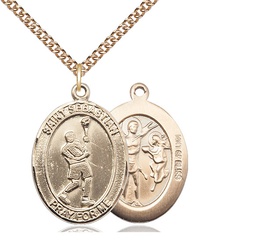 [7174GF/24GF] 14kt Gold Filled Saint Sebastian Lacrosse Pendant on a 24 inch Gold Filled Heavy Curb chain