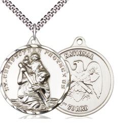 [0203SS5/24S] Sterling Silver Saint Christopher National Guard Pendant on a 24 inch Light Rhodium Heavy Curb chain