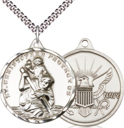 [0203SS6/24S] Sterling Silver Saint Christopher Navy Pendant on a 24 inch Light Rhodium Heavy Curb chain