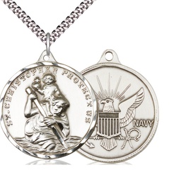 [0203SS6/24S] Sterling Silver Saint Christopher Navy Pendant on a 24 inch Light Rhodium Heavy Curb chain