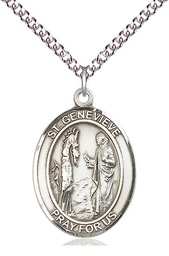 [7041SS/24SS] Sterling Silver Saint Genevieve Pendant on a 24 inch Sterling Silver Heavy Curb chain