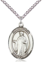 [7052SS/24SS] Sterling Silver Saint Justin Pendant on a 24 inch Sterling Silver Heavy Curb chain