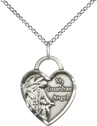 [3202SS/18SS] Sterling Silver Guardian Angel Heart Pendant on a 18 inch Sterling Silver Light Curb chain
