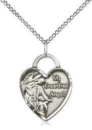 [3202SS/18SS] Sterling Silver Guardian Angel Heart Pendant on a 18 inch Sterling Silver Light Curb chain