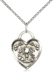 [3204SS/18SS] Sterling Silver Communion Heart Pendant on a 18 inch Sterling Silver Light Curb chain